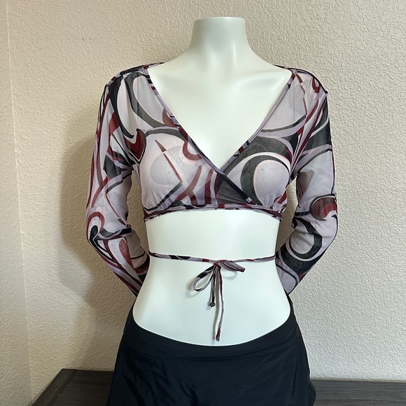 • Purple Tye Dye • Marbled Fabric • Front Tie Crop Top • Long Sleeve Mesh Top • - Picture 4 of 5